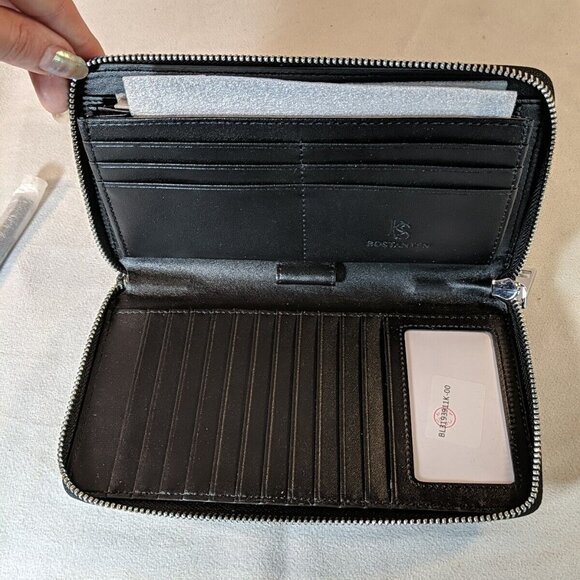 Bostanten Leather Zip Around Wallet Black RFID Blocking Pebbled Silver NWOT Card - Picture 8 of 11